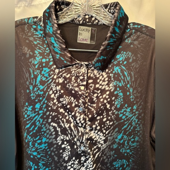 Lucky In Love Teal Black White Short Sleeve Golf Tennis Polo Shirt Size XL (16) - Picture 3 of 8